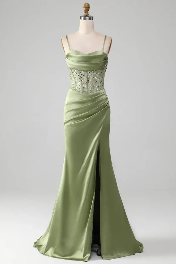 Elegant Spaghetti Strap Cowl Neck Beaded Corset Ruched High Slit Satin Mermaid Maxi Dress with Train