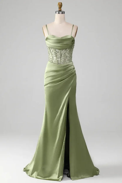 Elegant Spaghetti Strap Cowl Neck Beaded Corset Ruched High Slit Satin Mermaid Maxi Dress with Train