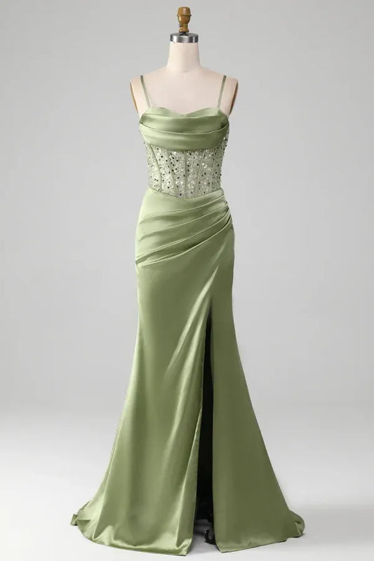Elegant Spaghetti Strap Cowl Neck Beaded Corset Ruched High Slit Satin Mermaid Maxi Dress with Train
