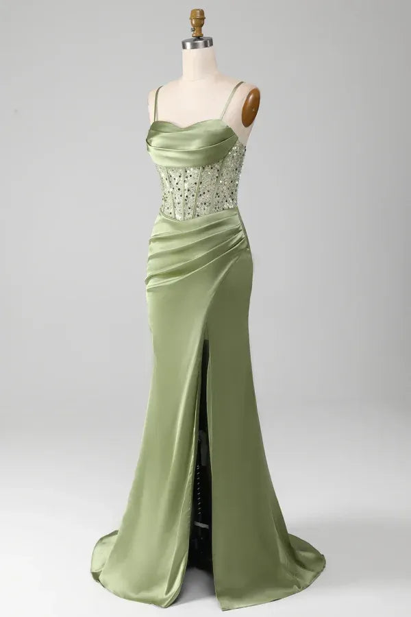 Elegant Spaghetti Strap Cowl Neck Beaded Corset Ruched High Slit Satin Mermaid Maxi Dress with Train