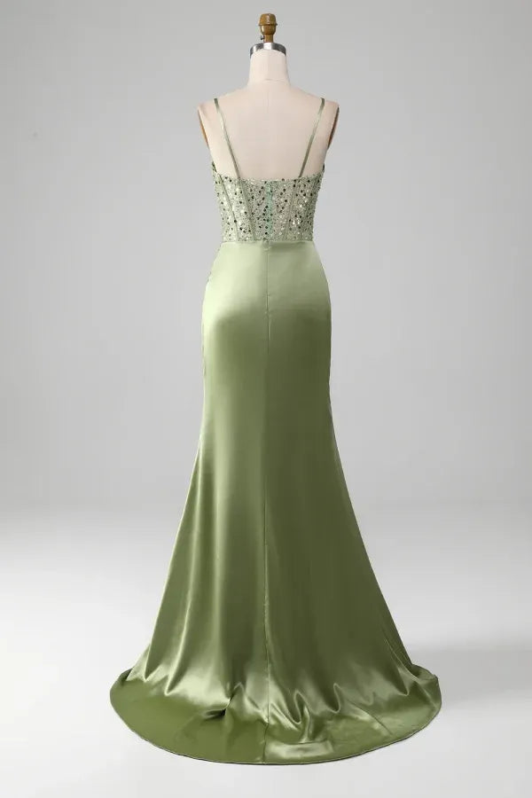 Elegant Spaghetti Strap Cowl Neck Beaded Corset Ruched High Slit Satin Mermaid Maxi Dress with Train