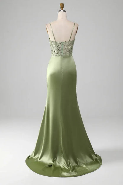 Elegant Spaghetti Strap Cowl Neck Beaded Corset Ruched High Slit Satin Mermaid Maxi Dress with Train