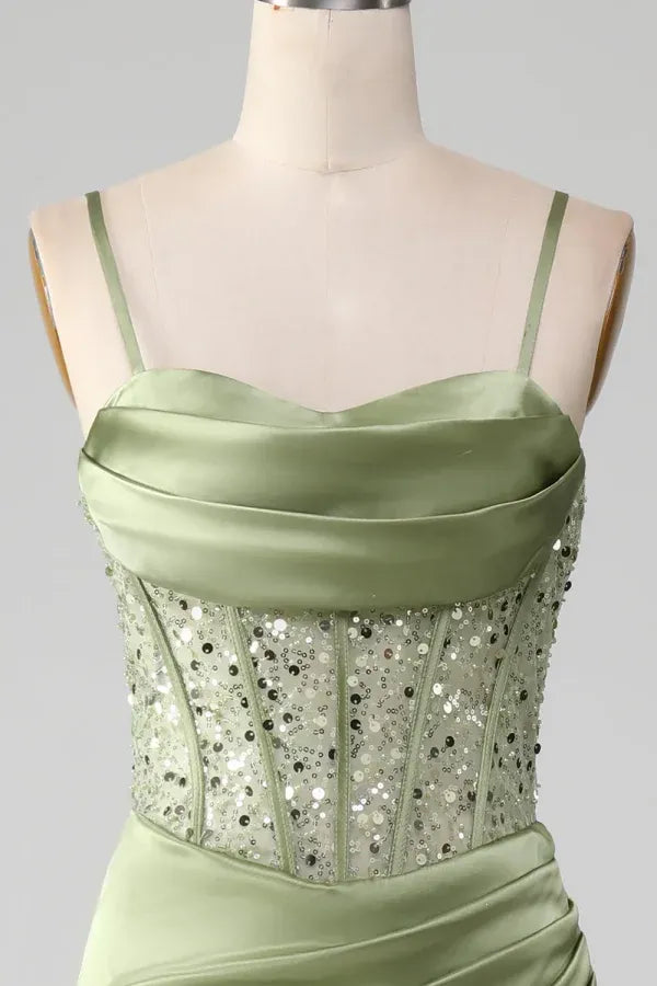 Elegant Spaghetti Strap Cowl Neck Beaded Corset Ruched High Slit Satin Mermaid Maxi Dress with Train