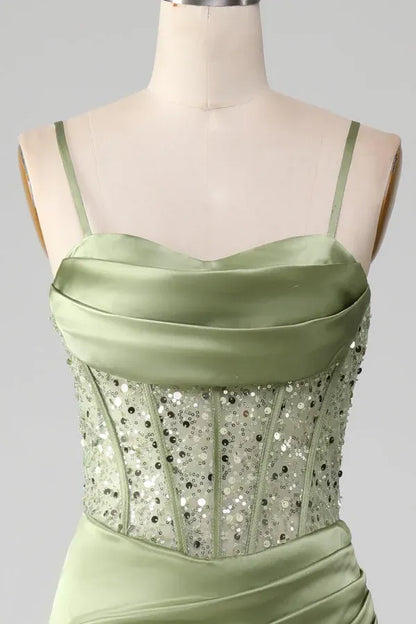 Elegant Spaghetti Strap Cowl Neck Beaded Corset Ruched High Slit Satin Mermaid Maxi Dress with Train