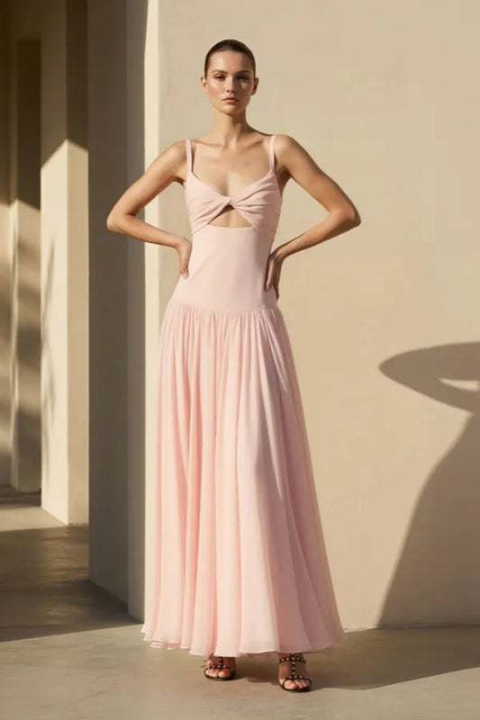 Elegant Spaghetti Strap Cutout Pleated Chiffon Maxi Dress