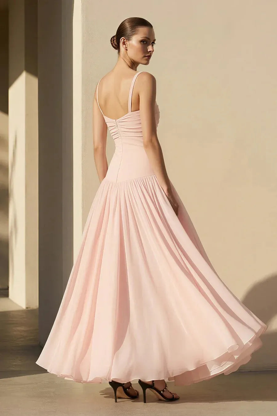 Elegant Spaghetti Strap Cutout Pleated Chiffon Maxi Dress