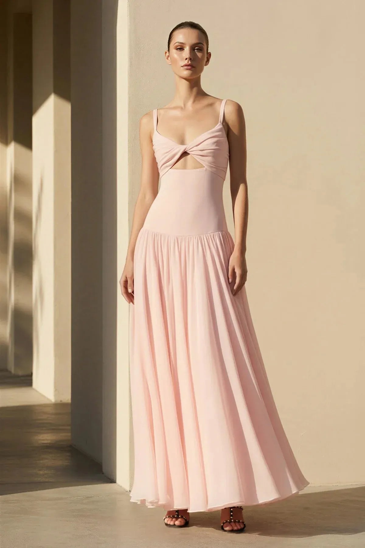 Elegant Spaghetti Strap Cutout Pleated Chiffon Maxi Dress