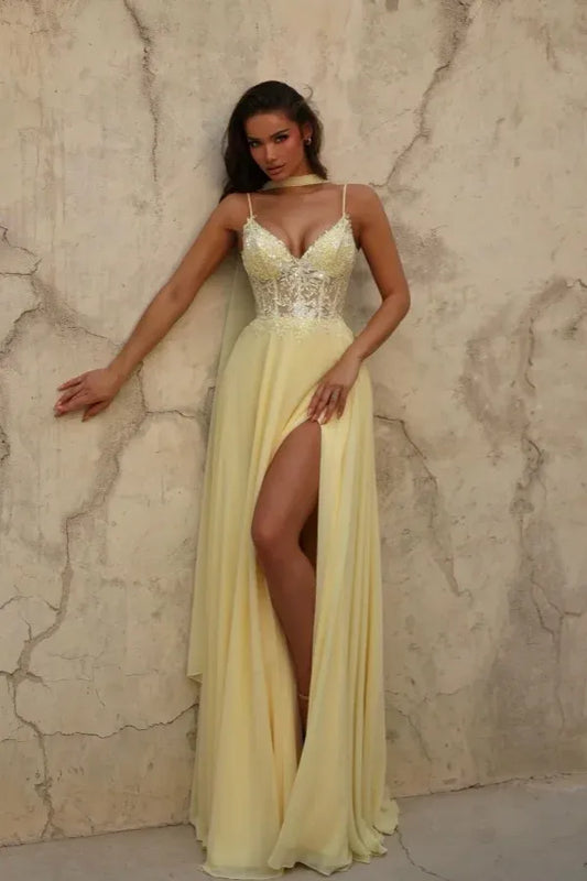 Elegant Spaghetti Strap Lace Beaded Chiffon Cape Train Maxi Dress