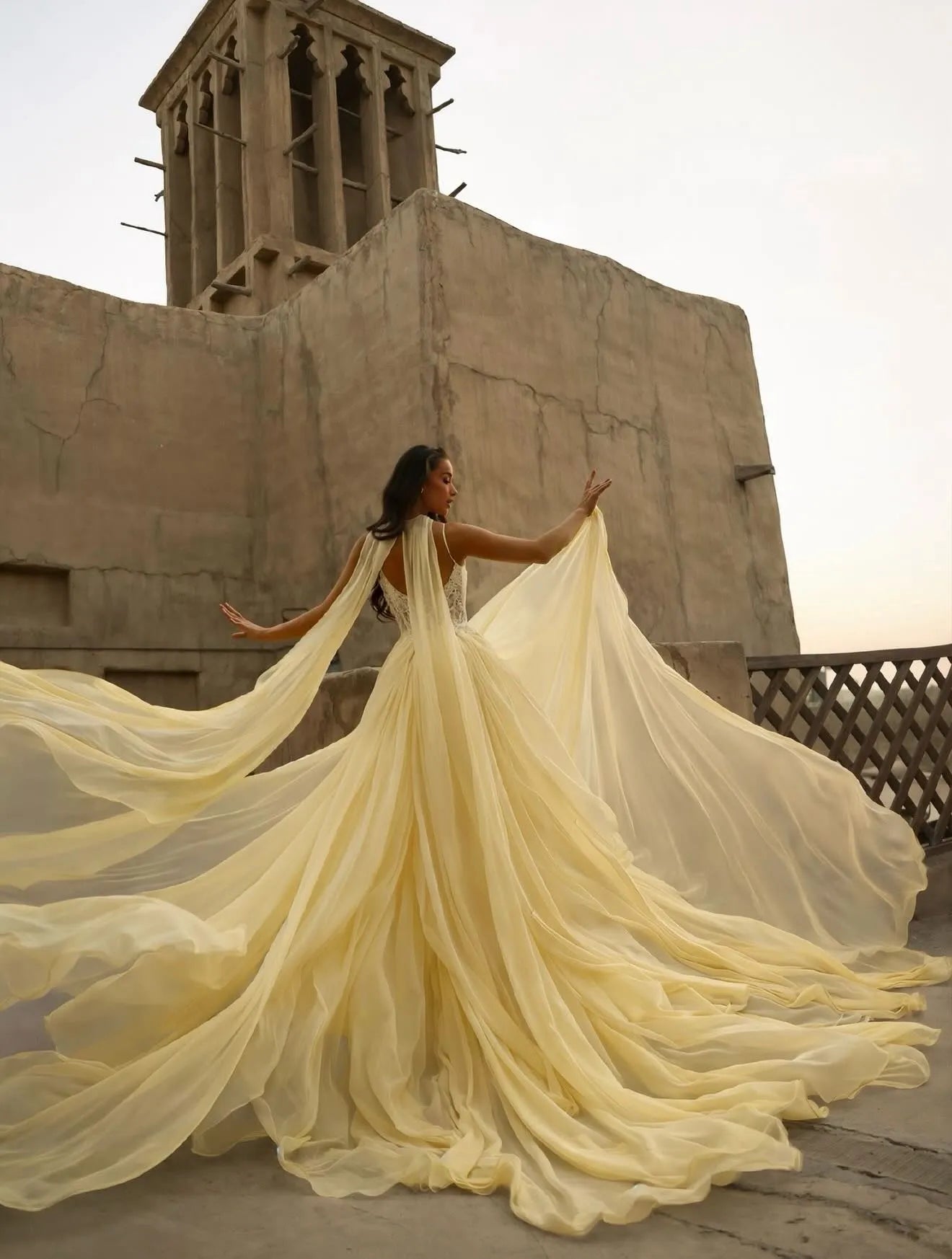 Elegant Spaghetti Strap Lace Beaded Chiffon Cape Train Maxi Dress