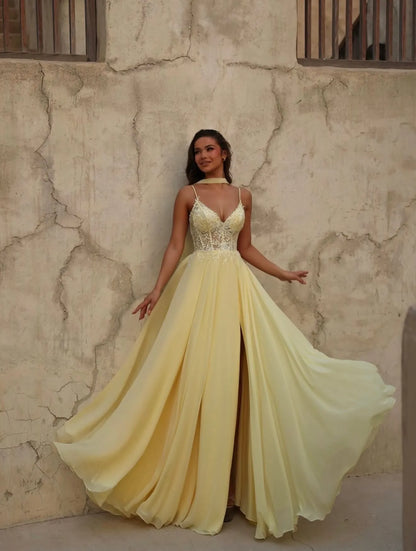 Elegant Spaghetti Strap Lace Beaded Chiffon Cape Train Maxi Dress