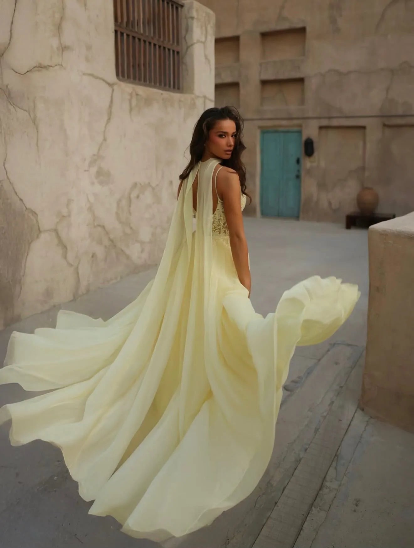 Elegant Spaghetti Strap Lace Beaded Chiffon Cape Train Maxi Dress