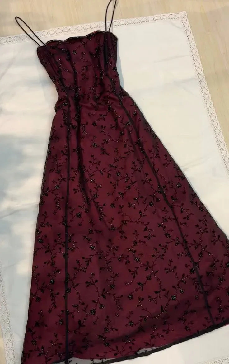 Elegant Spaghetti Strap Lace-Up Corset Floral Embroidered Maxi Dress