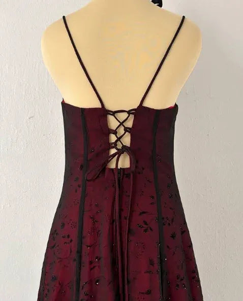 Elegant Spaghetti Strap Lace-Up Corset Floral Embroidered Maxi Dress
