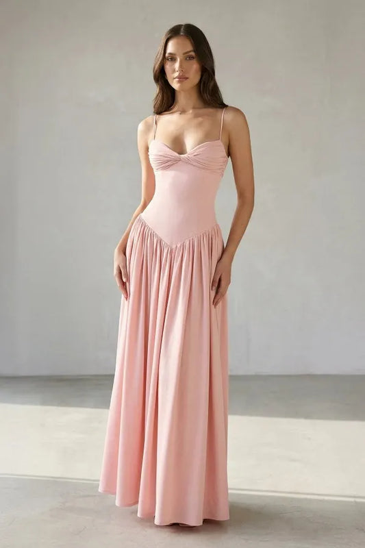 Elegant Spaghetti Strap Ruched Bodice Pleated Maxi Dress