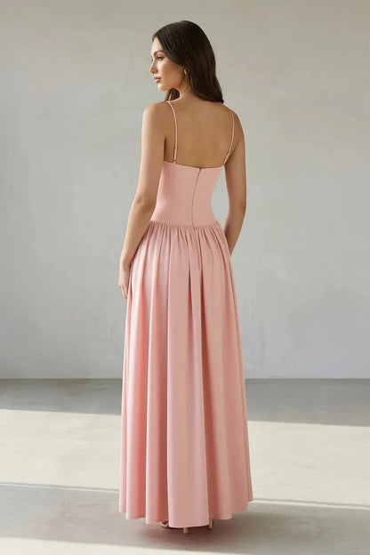 Elegant Spaghetti Strap Ruched Bodice Pleated Maxi Dress