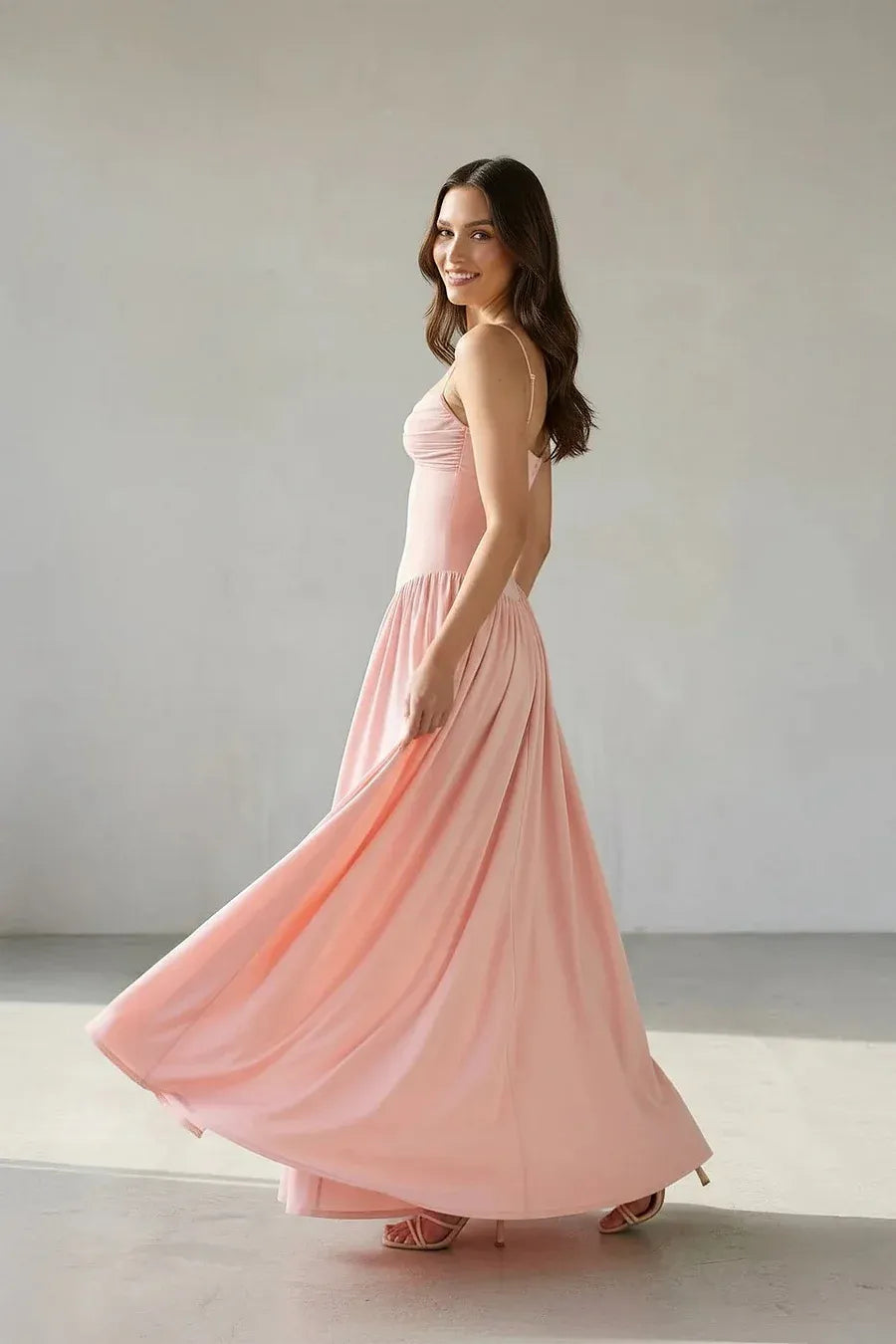 Elegant Spaghetti Strap Ruched Bodice Pleated Maxi Dress
