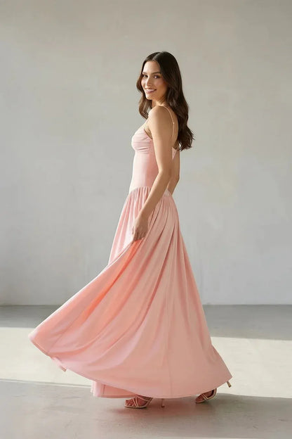 Elegant Spaghetti Strap Ruched Bodice Pleated Maxi Dress