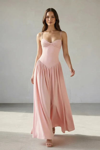 Elegant Spaghetti Strap Ruched Bodice Pleated Maxi Dress
