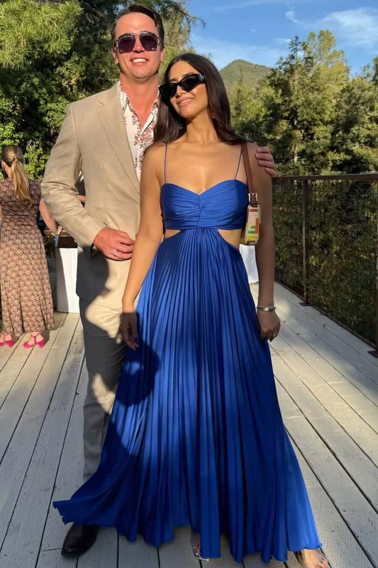 Elegant Spaghetti Strap Sweetheart Pleated Maxi Dress With Waist Cutouts