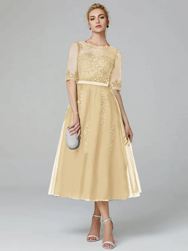 Close-up of the illusion neckline and sequin appliques on the formal dress.
