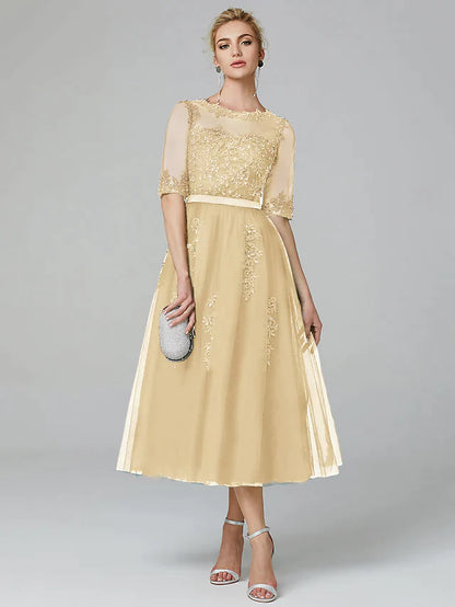 Close-up of the illusion neckline and sequin appliques on the formal dress.