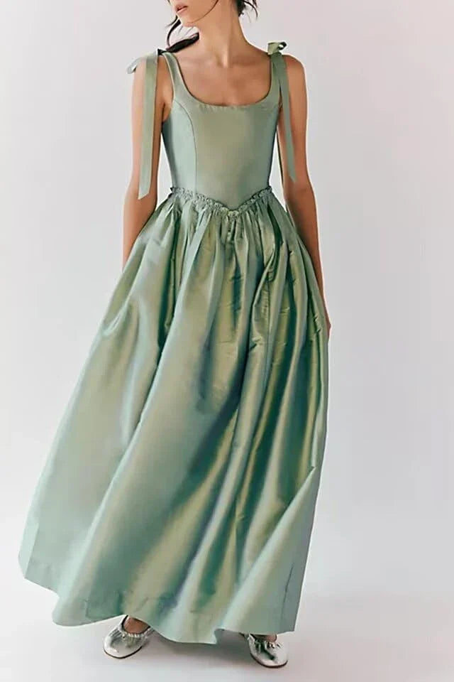 Elegant Square Neck Bow-Strap Ball Gown Maxi Evening Dress with Crisscross Lace-Up Back