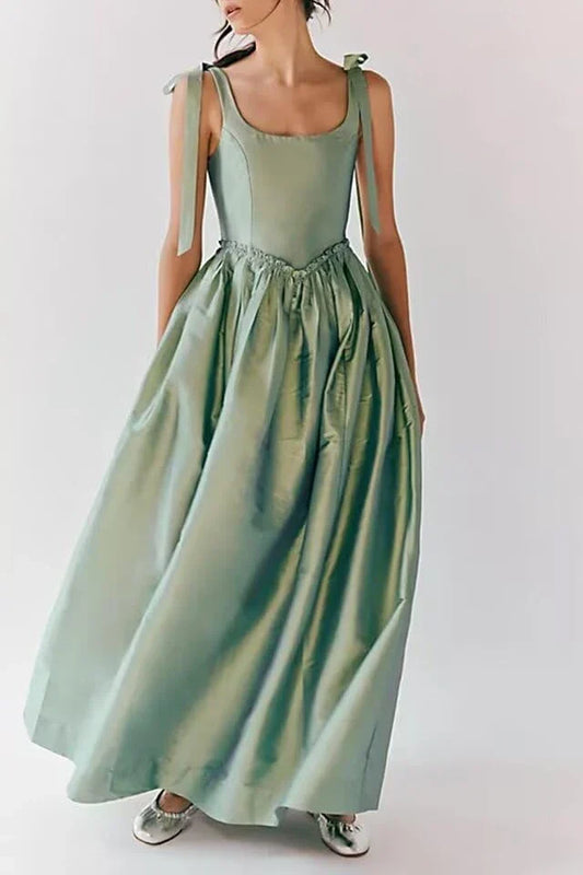 Elegant Square Neck Bow-Strap Ball Gown Maxi Evening Dress with Crisscross Lace-Up Back