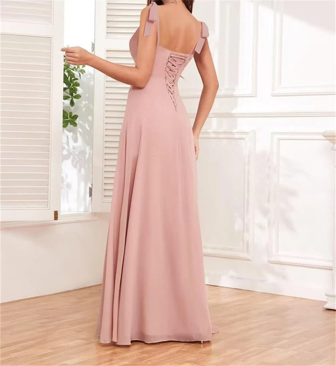 Elegant Square Neck Bow-Strap High-Slit Chiffon Maxi Evening Dress with Crisscross Back