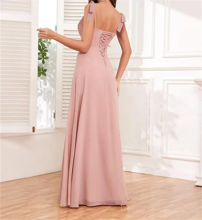 Elegant Square Neck Bow-Strap High-Slit Chiffon Maxi Evening Dress with Crisscross Back