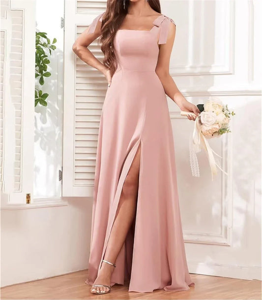 Elegant Square Neck Bow-Strap High-Slit Chiffon Maxi Evening Dress with Crisscross Back