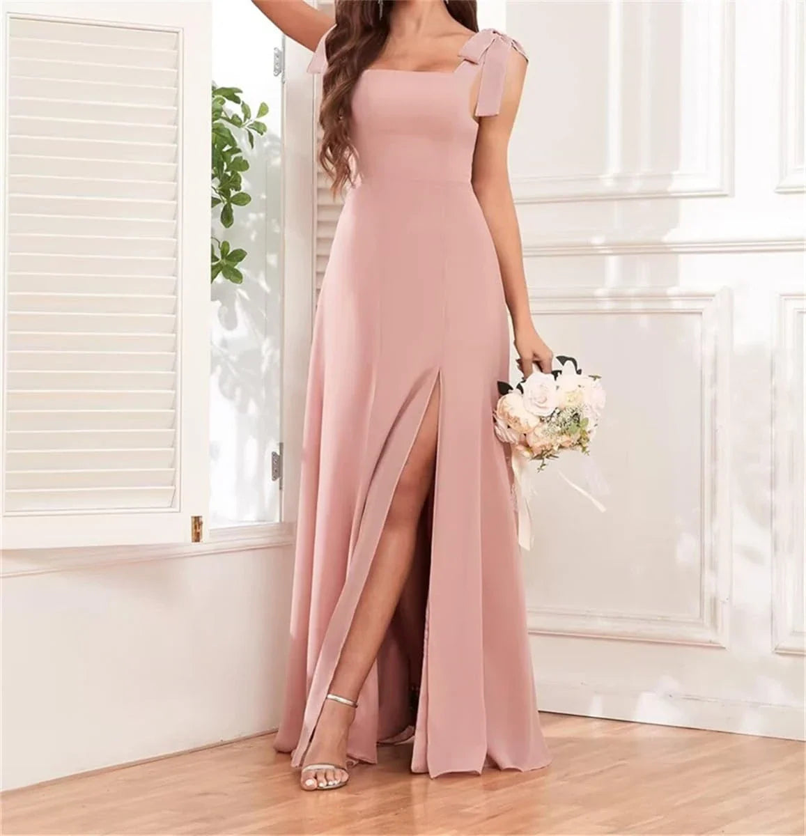 Elegant Square Neck Bow-Strap High-Slit Chiffon Maxi Evening Dress with Crisscross Back