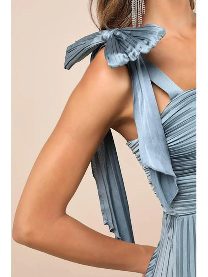 Elegant Square Neck Bow-Strap Pleated Maxi Evening Dress with Draped Detail