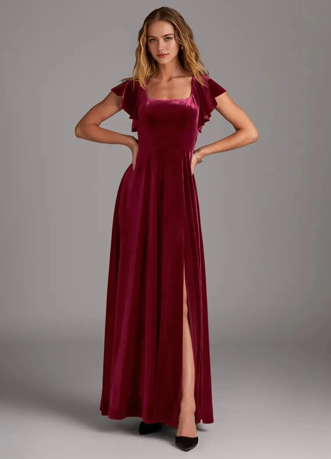 Elegant Square Neck Ruffle-Sleeve High-Slit Velvet Maxi Evening Dress with Bow-Back