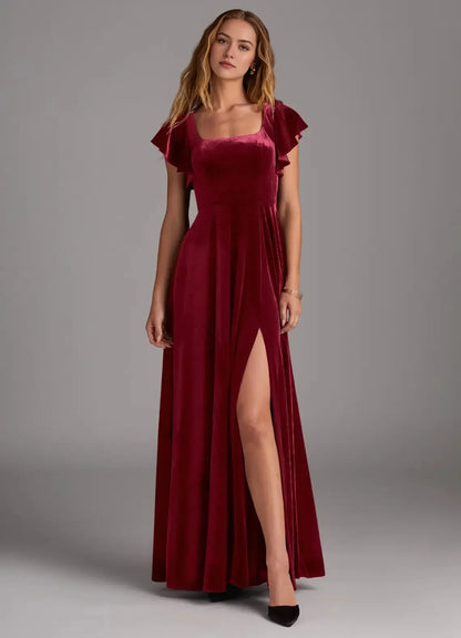 Elegant Square Neck Ruffle-Sleeve High-Slit Velvet Maxi Evening Dress with Bow-Back