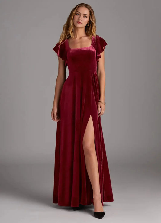 Elegant Square Neck Ruffle-Sleeve High-Slit Velvet Maxi Evening Dress with Bow-Back