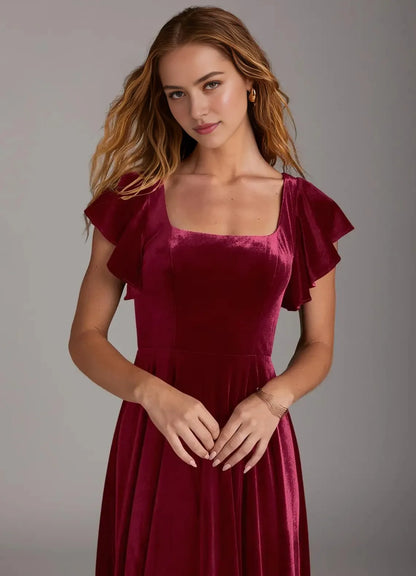 Elegant Square Neck Ruffle-Sleeve High-Slit Velvet Maxi Evening Dress with Bow-Back