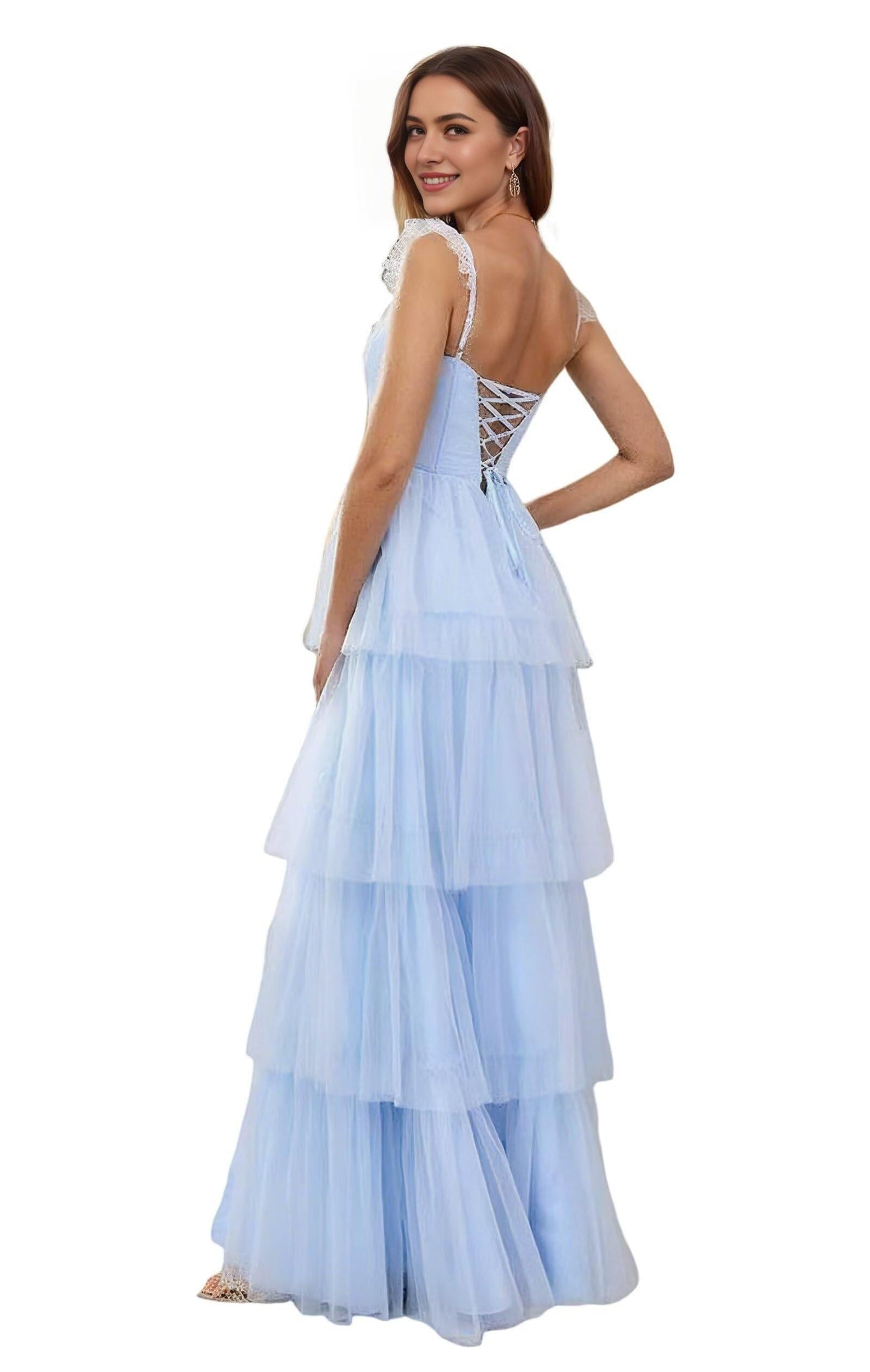 Elegant Square Neck Ruffle-Strap Tiered Tulle High-Slit Maxi Evening Dress with Crisscross Back