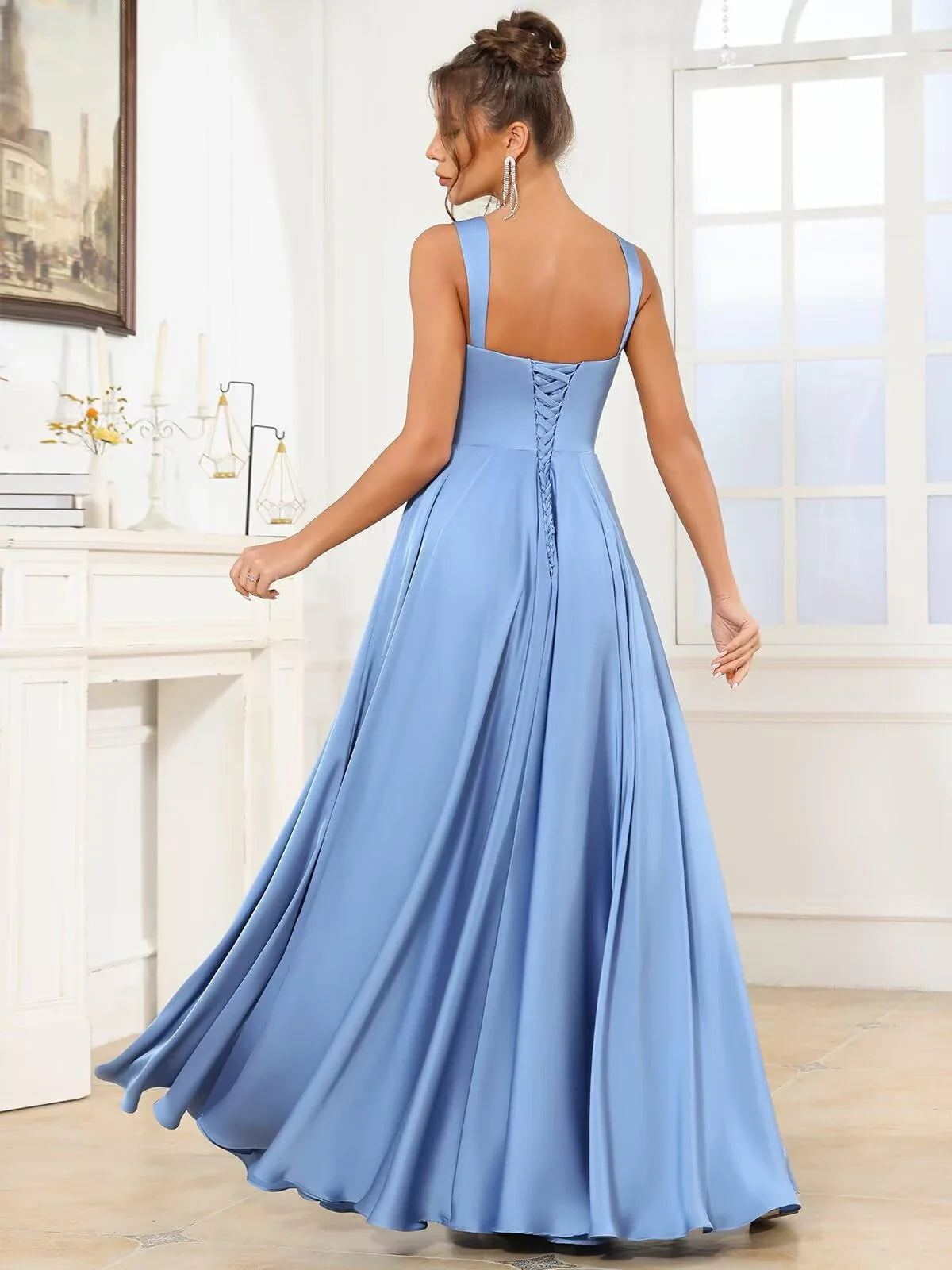 Elegant Square Neck Satin A-Line Maxi Evening Dress with Crisscross Lace-Up Back and High-Slit