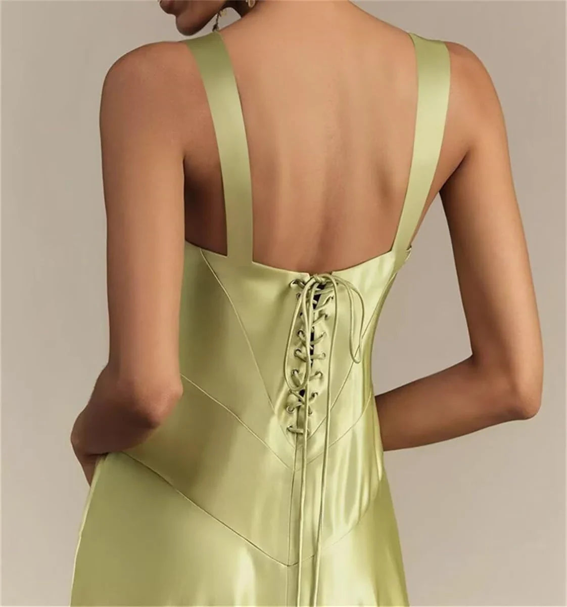 Elegant Square Neck Satin A-Line Maxi Evening Dress with Crisscross Lace-Up Back