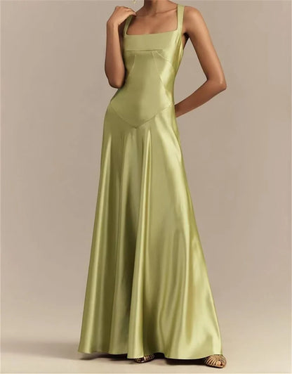 Elegant Square Neck Satin A-Line Maxi Evening Dress with Crisscross Lace-Up Back