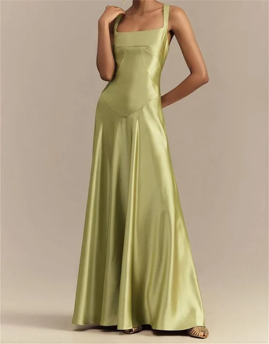 Elegant Square Neck Satin A-Line Maxi Evening Dress with Crisscross Lace-Up Back