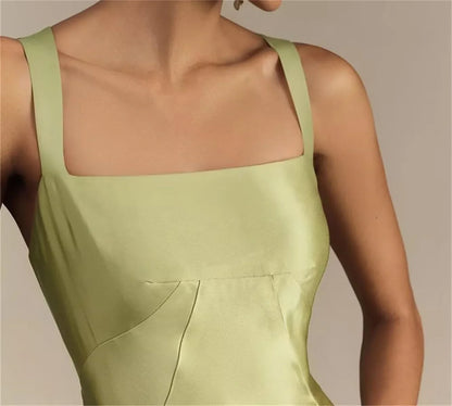Elegant Square Neck Satin A-Line Maxi Evening Dress with Crisscross Lace-Up Back