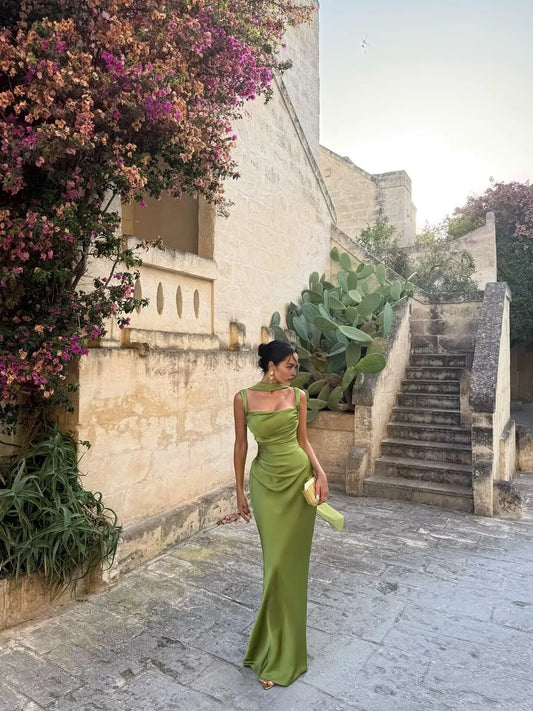 Elegant Square Neck Satin Mermaid Maxi Evening Dress with Crisscross Back and Draped Detail