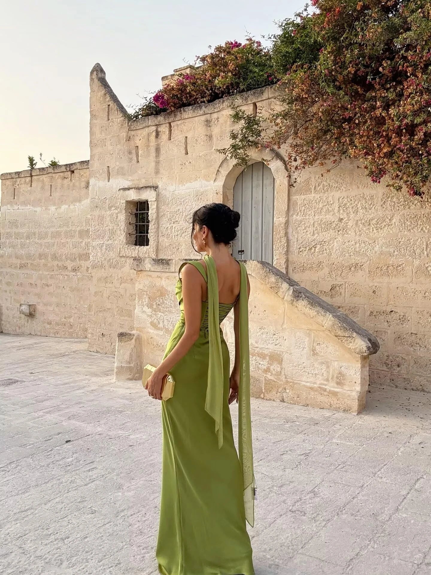 Elegant Square Neck Satin Mermaid Maxi Evening Dress with Crisscross Back and Draped Detail