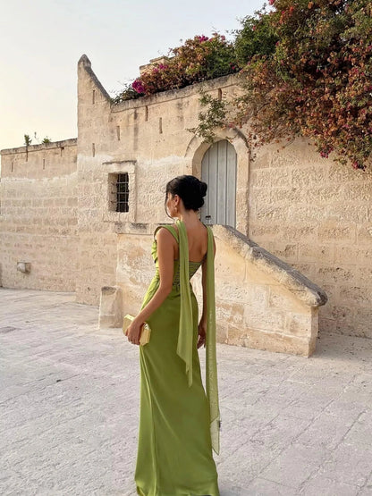 Elegant Square Neck Satin Mermaid Maxi Evening Dress with Crisscross Back and Draped Detail