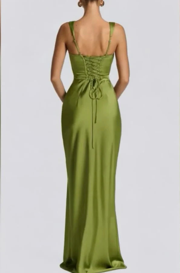 Elegant Square Neck Satin Mermaid Maxi Evening Dress with Crisscross Back and Draped Detail