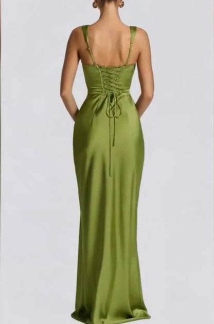 Elegant Square Neck Satin Mermaid Maxi Evening Dress with Crisscross Back and Draped Detail