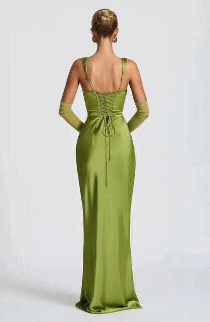 Elegant Square Neck Satin Mermaid Maxi Evening Dress with Crisscross Lace-Up Back, High-Slit and Choker Detail