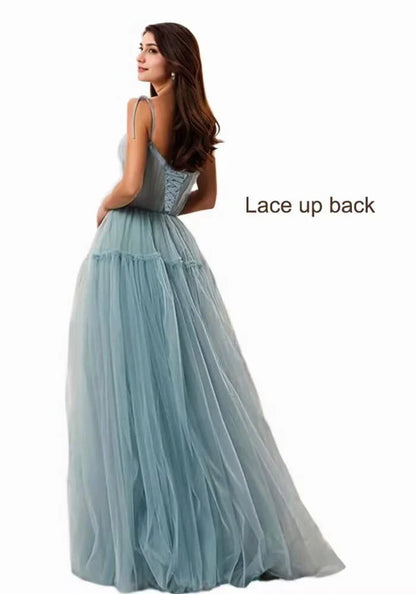 Elegant Square Neck Satin Mermaid Maxi Evening Dress with Crisscross Lace-Up Back High-Slit and Choker Detail