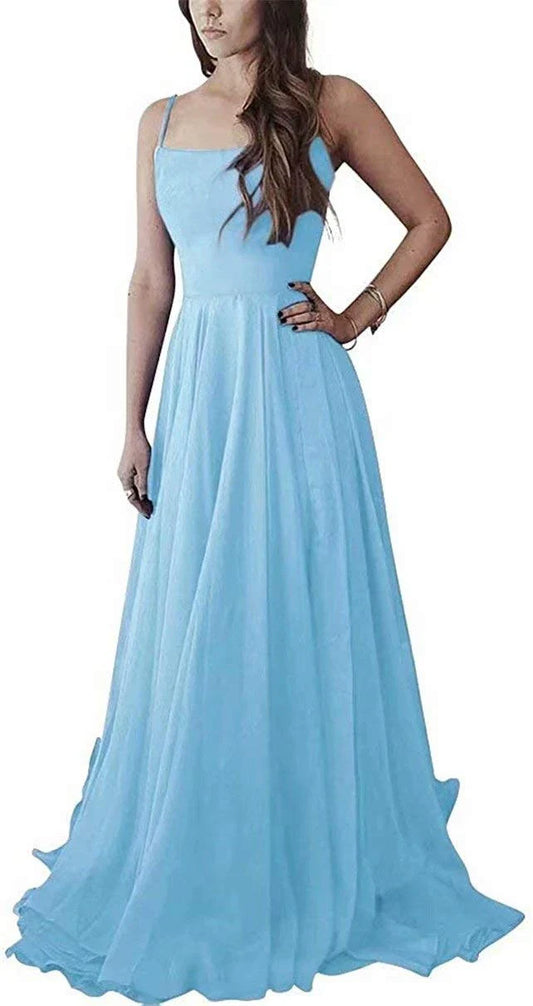 Elegant Square Neck Spaghetti Strap Crisscross Back Chiffon Maxi Evening Dress